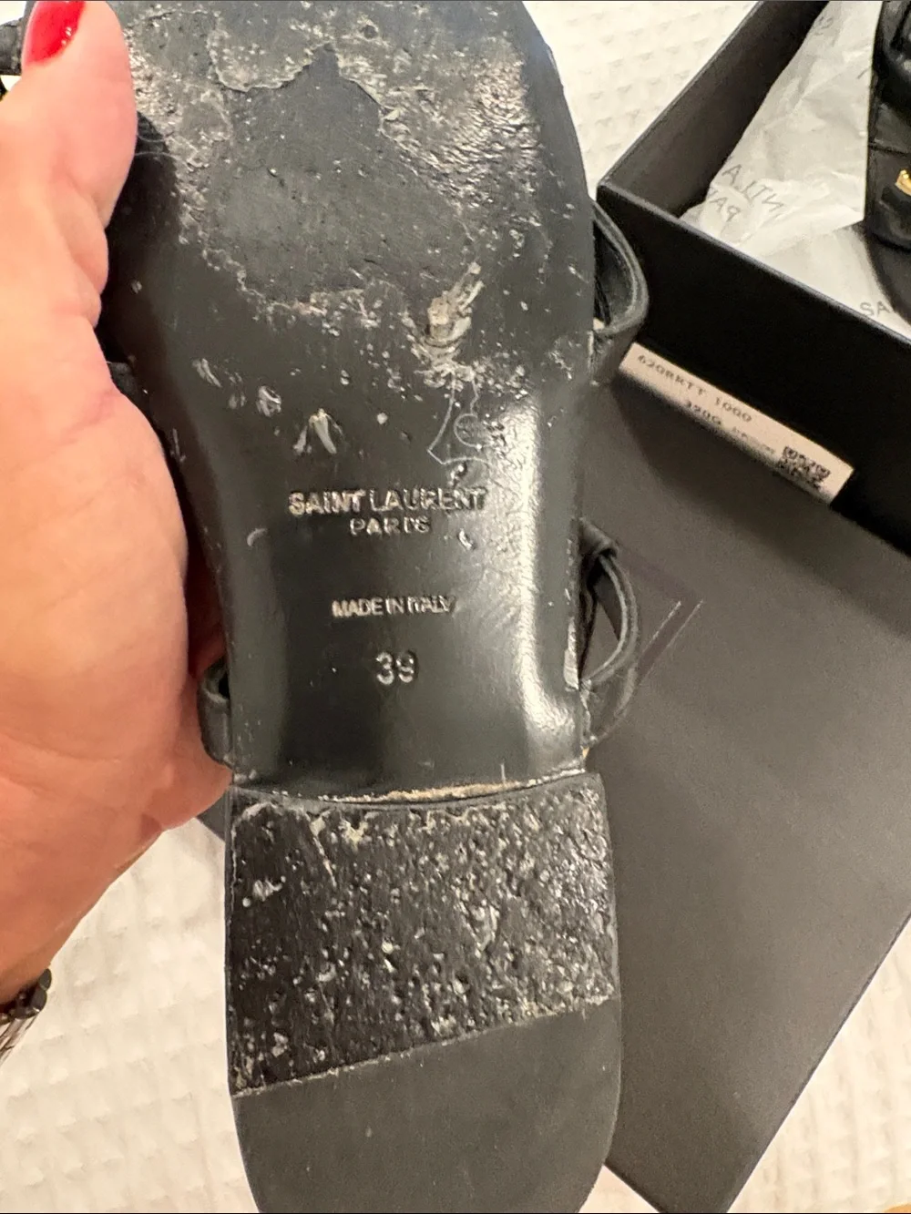 Saint Laurent Black Leather Strap Sandals with Gold YSL Logo - Picture 5 of 7